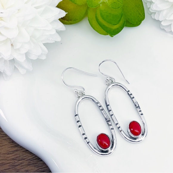 Solid Sterling Silver 925 Red Coral Open Frame Gemstone Earrings Southwestern - Picture 1 of 6